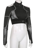 Vevesc Grunge Patchwork Gauze Harajuku Crop Tops Women Y2k Aesthetic Zipper Slim Fit Tees Streetwear Vintage Fairy Hollow Out T-shirts