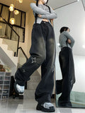 Vevesc New Vintage High Waist Wide Leg Trouses American Punk Harajuku Star Design Streetwear Women Bottom All Match Loose Denim Pants