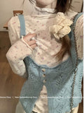 Vevesc Korean Fashion Y2k Top Sweet Floral Half-high Neck Edge Long Sleeve T-shirt Autumn Winter Slim Inside Base Crop Tees