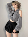 Vevesc Y2K Vintage Gray Cropped Hoodies Women Harajuku Sexy Off Shoulder Sweatshirts Korean Loose Casual Chic Tops Gothic Kpop