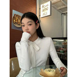 Vevesc Fairycore T-shirt Woman Long Sleeve Lace Up Bow Tees Female Clothing 2000s Clothes Y2k Solid Autumn Tops Casual T Shirt