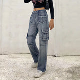 Vevesc Low Waist Sexy Baggy Jeans Blue Cargo Pants Women Korean Fashion Vintage 90s Y2k Streetwear Punk Commute Straight Denim Trousers