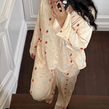 Vevesc Strawberry Butterfly Print Lounge Outfit Women 2-Piece Pajama Set Botton Up Full Sleeve Blouse Tops + Long Pants Cute Sleepwear