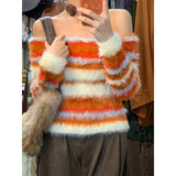 Vevesc American Sexy Off Shoulder Striped Sweater Mujer Waterproof Mink Knitted Tops Women Y2k E-Girl Slim Fit Long Sleeve Pullovers