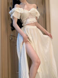 Vevesc Bow Korean Fashion Two Piece Set Women Ruffles French Vintage Long Skirts Suit Female Off Shoulder Blouse + Designe Skirt