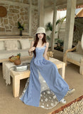 Vevesc  Sweet Plaid Long Dress Beach Style Women Elegant Lace Patchwork Korean Dress Fashion Slim Design Female Sexy Camis Vestidos
