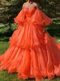 Vevesc Chic Fire Orange Tiered Organza Evening Dresses Prom Gowns With Puff Full Sleeves Off The Shoulder Party Dress Vestido Formatura