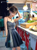 Vevesc  Vintage Gyaru Denim Dresses Summer Female Slim Bandage Raw Edge Sleeveless Tank Dress Design Streetwear Women's Clothing