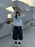Vevesc  Vintage Black Women Cargo Jeans Pocket Wide Leg American Style Straight Denim Pants Washed Overzised Streetwear Summer