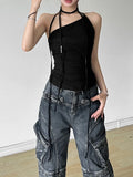 Vevesc Harajuku Sleeveless Crop Tank Top Vintage Y2k Aesthetic Sexy Bandage Halter Vest Summer Solid Pleated Camisole Fairy Grunge Tees