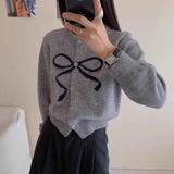 Vevesc Elegant Sweet Bow Print O-neck Cardigan Mujer Autumn New Knitted Tops Women Y2k Long Sleeve All-match Sweaters Coat