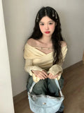 Vevesc Grunge Solid Streetwear T-shirt Spring Cross Pleated Y2k Aesthetic Sweet Tops Harajuku Slim Harajuku Long Sleeve Zipper Tshirt