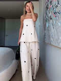 Vevesc  New Dot Print Strapless Zipper Tank Top Sets Women's Elegant Off Shoulder High Waist Wide Leg Long Pants Suit Lady Streetwear
