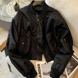 Vevesc Vintage Cropped Women's Bomber Jacket Oversized Korean Streetwear Zipper Fashion Track Short Jackets Black Autumn Winte