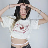 Vevesc Half Sleeve Tees Women American Bandage Loose Sexy Short Camisetas O Neck Crop Tops High Waist Tshirts Y2k Streetwear Star Print