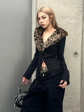 Vevesc Detachable Leopard Print Fur Collar Tops Mujer Autumn Winter New Slim Fit Sweaters  Black Long Sleeve Cardigan Women