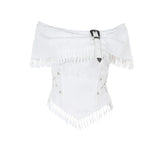 Vevesc Goth Dark Elegant Fashion Tassels Off Shoulder Crop Tops 90s Grunge Bow  White T-shirts Gothic Techwear Cyber Y2K Outfits