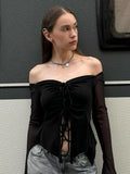 Vevesc  Slash Neck Lace-Up Shirts For Women Sexy Mesh Y2k Top Fashion Drop Sleeves Aesthetic Clothes Solid Casual Long Sleeve T Shirts