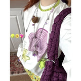 Vevesc Japanese Harajuku O Neck Long Sleeve Spring All Match Shirts High Street Punk Cute Personality Print Tops Y2k 2000s Clothes