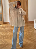 Vevesc  Summer Ruffled Loose Shirts Cardigan For Women Lapel Long Sleeve Casual Solid See-Through Blouse Female Pleated Shirts New