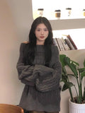 Vevesc American High Street Slash Neck Knitted Lazy Pullovers Y2k Aesthetic Punk Harajuku Loose Vintage Jumpers Solid Korean Clothes