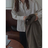 Vevesc Streetwear Striped Shirts Women Vintage Oversized Long Sleeve Blouses Harajuku Korean Elegant Casual All Match Tops New