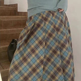 Vevesc Vintage Plaid Long Skirt Women Harajuku Y2k Pleated Skirt Retro Streetwear Autumn Winter A-line Midi Skirts Aesthetics