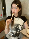 Vevesc Korean Summer Grunge Tie Dye Harajuku Tops Women Y2k Contrast Casual Slim Fit Crop Tee Streetwear Vintage Fairy T-shirts