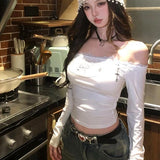Vevesc Y2k Aesthetic Lace Patchwork Slim Women T-shirt Vintage Slash Neck Streetwear Grunge Tshirts Harajuku Printing Crop Tees Femme