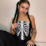 Vevesc Bolopi Bones Print Sexy Corset Crop Top Women Halloween Rave Tees Sexy Y2K Outfits Streetwear Tank Tops Streetwear