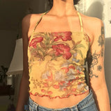 Vevesc 00s Floral Pattem Mesh Sheer Camis Hotsweet E-girl Slim Fit Backless Halter Tops Women Sleeveless Crop Top Vest Y2K Streetwear