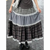 Vevesc Japanese Plaid Striped Ruched Patchwork Skirts Vintage Women Mid Length High Waist A-line Y2k Streetwear Cake Skirt