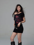 Vevesc Black Color American High Street Sexy Off The Shoulder Tops Harajuku Punk Bow Print Summer Commuter Shirts Y2k Aesthetic Tees