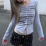 Vevesc American Retro Letter Print Thin Cardigan Y2k E-Girl O-neck Single Breasted Tops Women New Long Sleeve Gray Sweaters