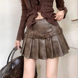 Vevesc Vintage Pleated Leather Skirt Women Y2k Gothic Mini Skirts Punk Korean Style Retro Solid Grunge Short Skirts Streetwear