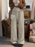 Vevesc New Kawaii Fleece Dog Wide Leg Casual Striped Straight Drawstring Pants High Waist Women Japanese Preppy Style Pant Y2k