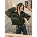 Vevesc Vintage Sweater Women Patchwork Bandage Knitted Pullovers Streetwear V Neck Lace Up Knitwear Harajuku Loose Casual Jumpers