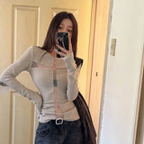 Vevesc Harajuku Gauze Patchwork Grunge Shirt Y2k Aesthetic Bodycon Sexy See Through Fairy Tshirt Women Streetwear Vintage Tops Autumn