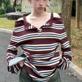Vevesc  Y2k Vintage T Shirt for Women Stripes Spring Autumn Contrast Color Ropa De Mujer Fashion Basics Casual Camisetas