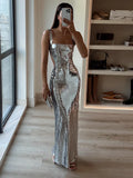 Vevesc Sexy Sling Backless Silvery Maxi Dresses For Women Fashion High Waist Bodycon Sleeveless Robes Female Evening Party Vestidos