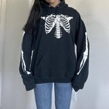 Vevesc Halloween Skelton Hooded Autumn Winter Long Sleeve Sweatshirt Skull Print Drawstring Hoodies Tops Cyber Grunge Harajuku Clothes