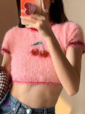 Vevesc Summer Pink Cute Tops Women Korean Fashion Plush Cherry Pattern Knitted Crop Top O Neck Short Sleeve Lovely Sweet Girl T-Shirt