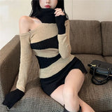 Vevesc Skew Collar Off Shoulder Striped Knitted Tops Women Autumn New Bottoming Sweater Mujer Long Sleeve All-match Pullovers