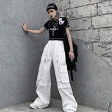 Vevesc White Cargo Pants Woman Oversized Hippie Streetwear Pocket The Chain Punk Elastic High Waist Trousers Baggy Pants Korean Fashion