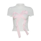 Vevesc Grunge Fairy Contrast Color Bow Streetwear T-shirts 2025 Summer Sweet Vintage Cropped Top Women Y2k Aesthetic Slim Harajuku Tees