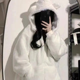 Vevesc  Women Zip Hoodie Thicken Fuzzy Fleece Sweatshirts Harajuku Bear Ear Oversize White Coats Cute Soft Winter Outerwear New