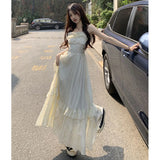 Vevesc Vintage Ruffle Dress Women Korean Solid Sweet Elegant Preppy Midi Dress Summer Casual Sleeveless Spaghetti Straps A Line Dress