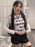 Vevesc Autumn Y2k Aesthetic White Letter Printing T-Shirts Women Vintage Streetwear Crop T-shirt Harajuku Slim Fit Fairy Casual Tops