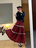 Vevesc Vintage Y2k Long Skirt Women Red Harajuku Streetwear Plaid Skirt Korean Style Retro Patchwork Ruffle Skirts Aesthetics