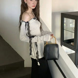 Vevesc Korean Slash Neck Shirts Fashion Design Patchwork Lace Y2k Aesthetic Harajuku Girl Base Tops All  Match Loose Clothes
